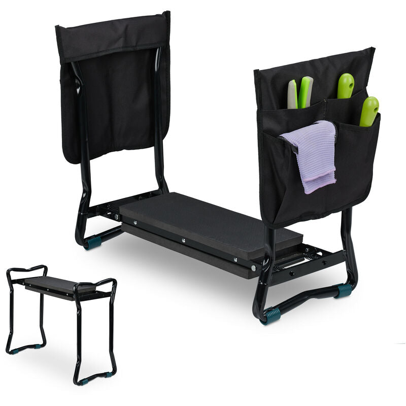 Relaxdays Agenouilloir pour jardinage, banc pliable genoux, jusqu’à 150 kg, 2 sacs, rembourré, 50x60x27,5 cm, noir