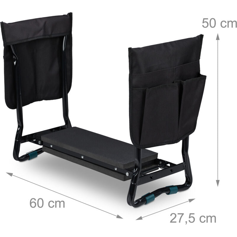 Relaxdays Agenouilloir pour jardinage, banc pliable genoux, jusqu’à 150 kg, 2 sacs, rembourré, 50x60x27,5 cm, noir