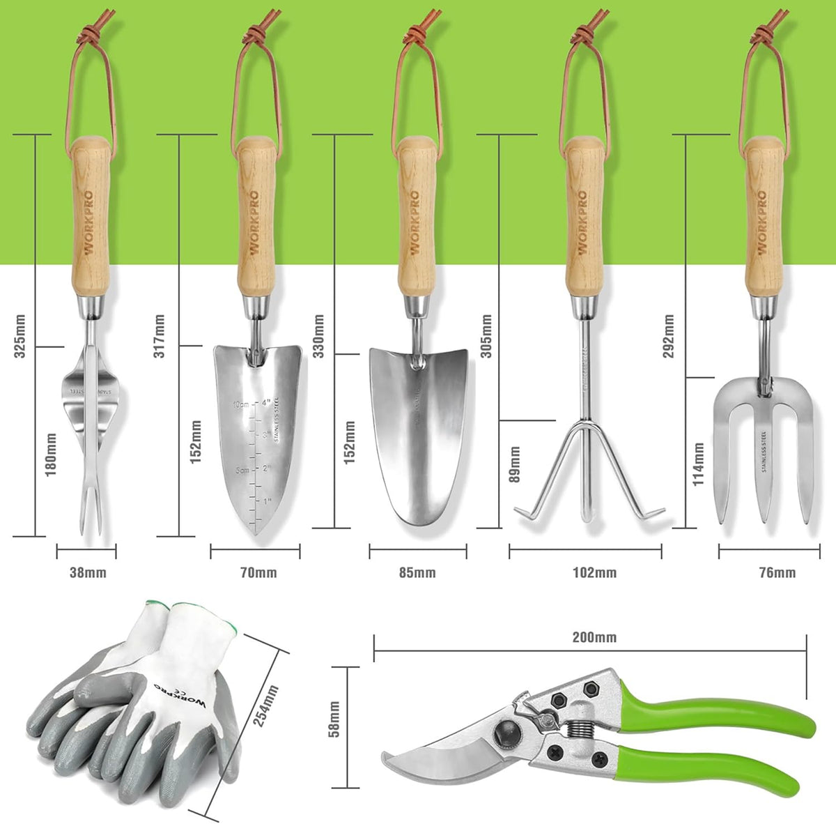 WORKPRO Outils de Jardinage, 8 Pièces, Ensemble de Jardinage en Acier Inoxydable Lourd avec Poignée de Bois, Sécateur, Gants, Sarcloir, Griffe, Fourche, Pelle à Terreau, Transplantoire pour Jardinier