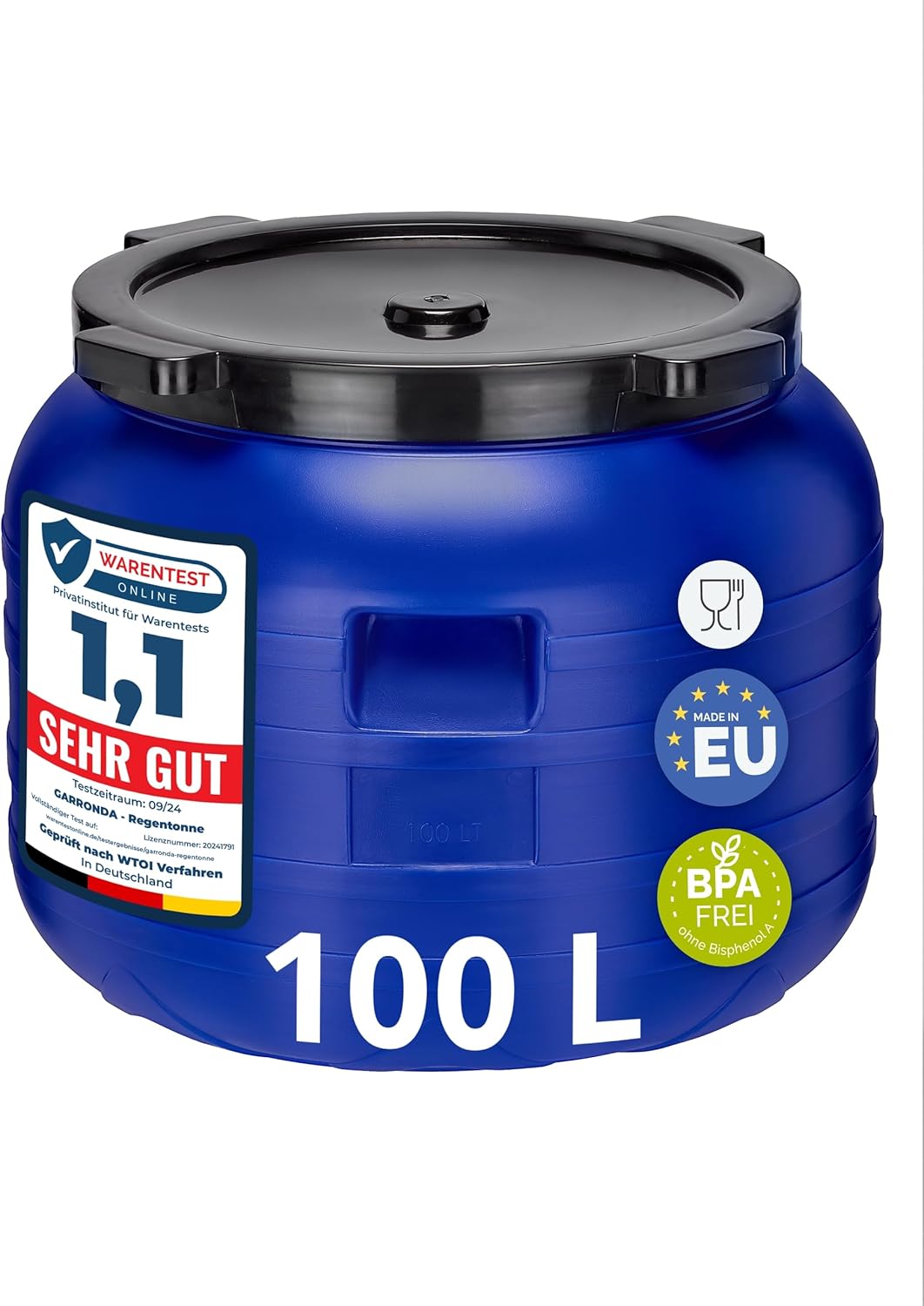 Garronda Récupérateur d'eau de Pluie Large 100 litres sans BPA avec Couvercle Jerrican pour Jardin et Stockage GD-0093, Bleu