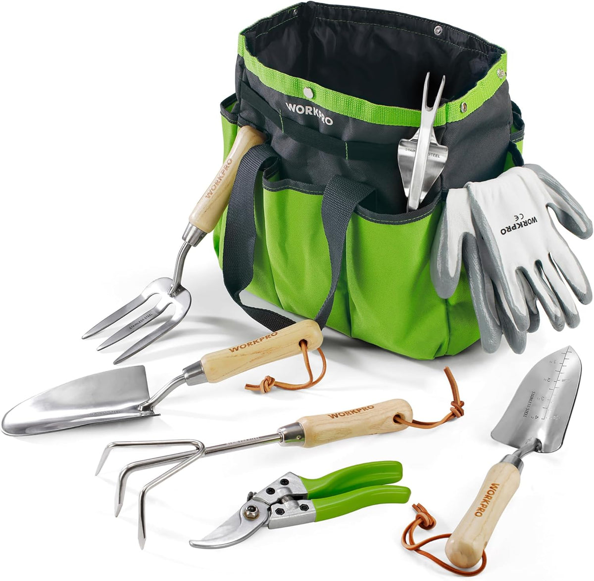 WORKPRO Outils de Jardinage, 8 Pièces, Ensemble de Jardinage en Acier Inoxydable Lourd avec Poignée de Bois, Sécateur, Gants, Sarcloir, Griffe, Fourche, Pelle à Terreau, Transplantoire pour Jardinier
