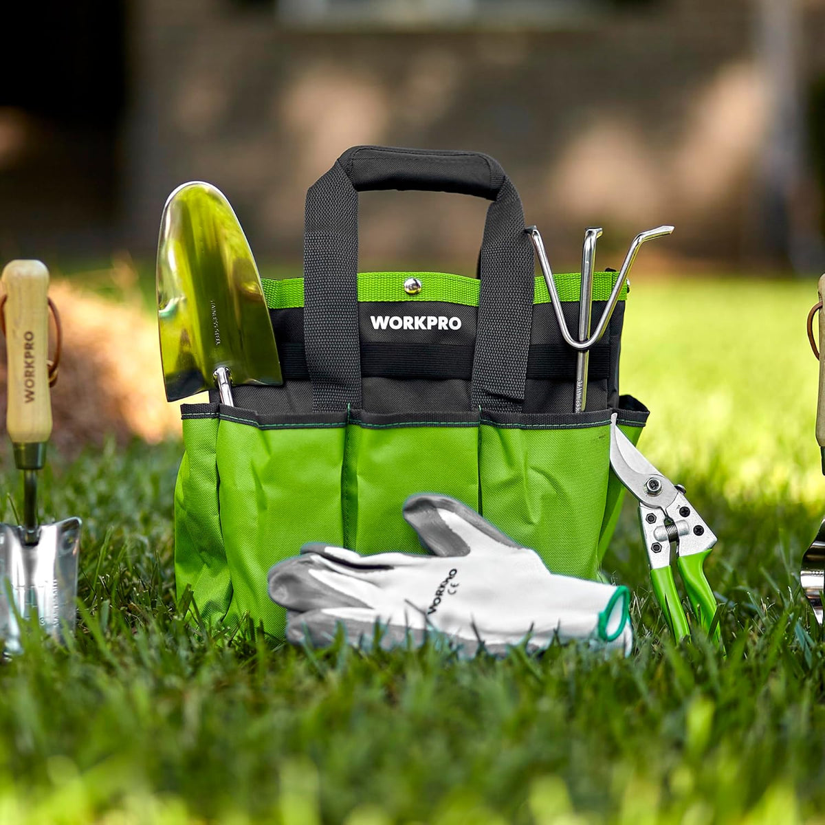 WORKPRO Outils de Jardinage, 8 Pièces, Ensemble de Jardinage en Acier Inoxydable Lourd avec Poignée de Bois, Sécateur, Gants, Sarcloir, Griffe, Fourche, Pelle à Terreau, Transplantoire pour Jardinier