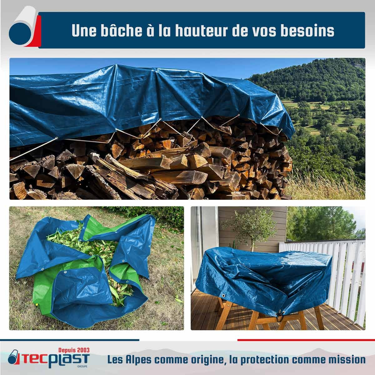 Bâche de Protection 6x10 m - TECPLAST - SR150MU - Bleue et Verte - Haute Qualité - Bâche d'extérieur imperméable avec oeillets