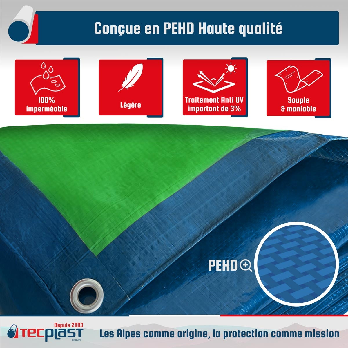 Bâche de Protection 6x10 m - TECPLAST - SR150MU - Bleue et Verte - Haute Qualité - Bâche d'extérieur imperméable avec oeillets