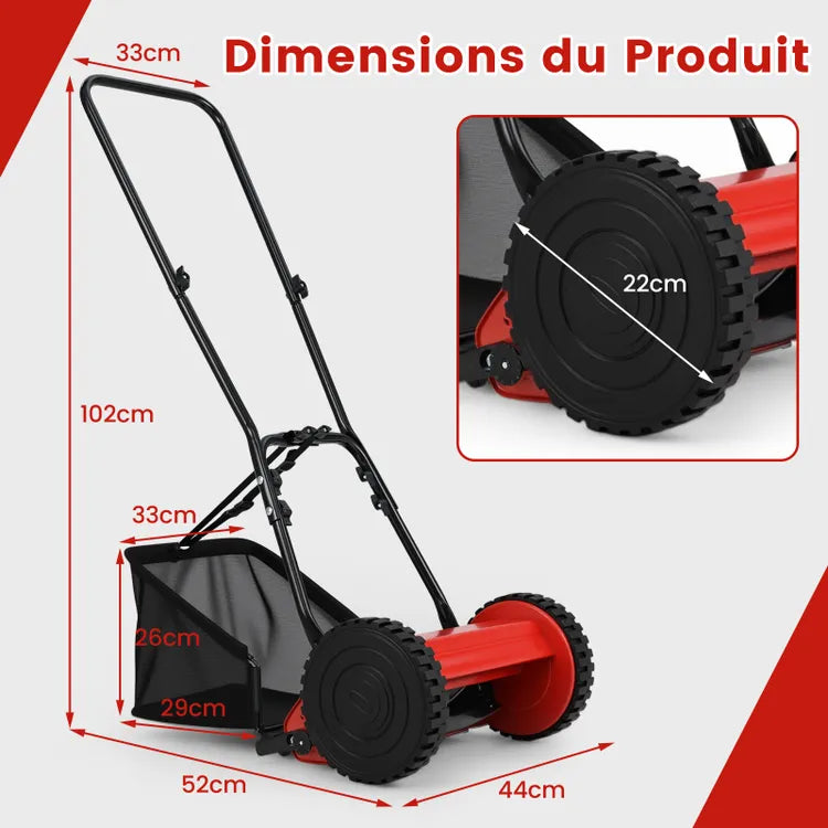 Tondeuse à Gazon Manuelle avec Largeur de Coupe de 30 cm, Hauteurs de Coupe Réglables de 15 à 40 Mm, Bac de Ramassage 18,5 L